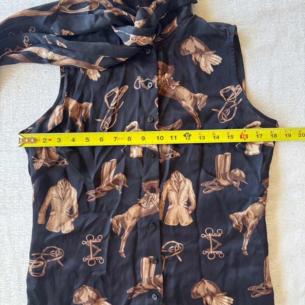 Lauren Ralph Lauren Black Silk Equestrian Horse Print Tie Neck Sleeveless Blouse - Picture 9 of 15